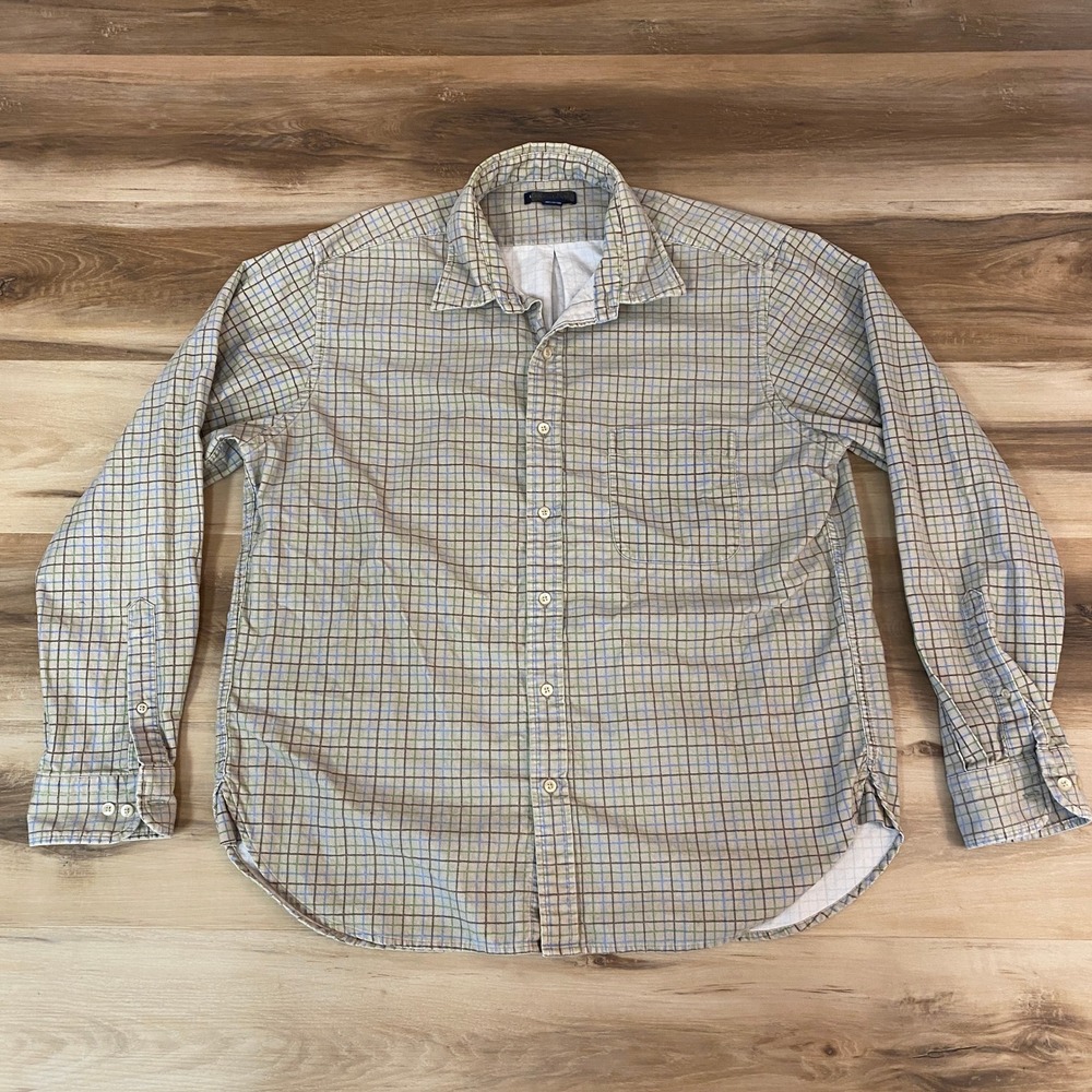 Lands' End Corduroy Shirt Mens Large Plaid Button Up Long Sleeve Casual Beige